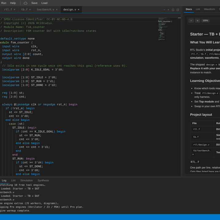 Lint check panel with Run control and SystemVerilog editor