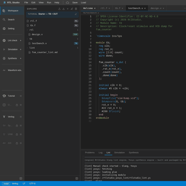 Simulation panel with Run control and testbench source